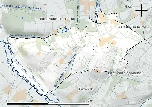 Carte en couleur présentant le réseau hydrographique de la commune
