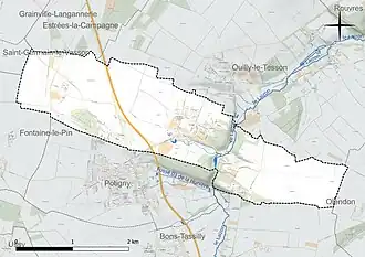 Carte en couleur présentant le réseau hydrographique de la commune