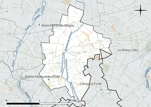 Carte en couleur présentant le réseau hydrographique de la commune