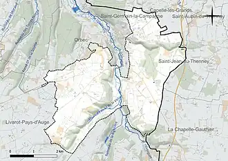 Carte en couleur présentant le réseau hydrographique de la commune