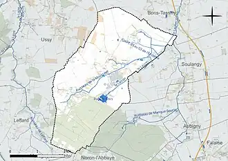 Carte en couleur présentant le réseau hydrographique de la commune