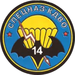 Emblème rond montrant une chauve-souris noire devant une toile de parachute jaune sur fond bleu.