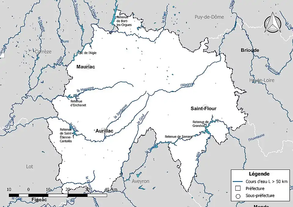 Carte des cours d'eau de longueur supérieure à 50&nbsp;km du Cantal.