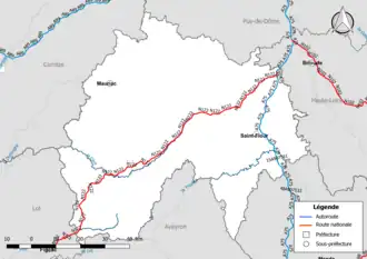 Carte du réseau routier national du Cantal avec les routes nationales en rouge