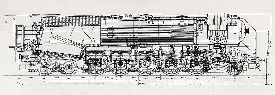 Dessin du projet de la locomotive type 152 vue en coupe longitudinale.