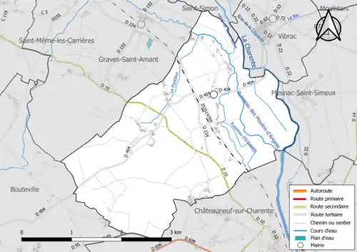 Carte en couleur présentant le réseau hydrographique de la commune