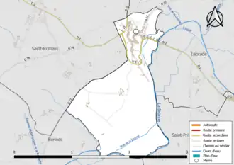 Carte en couleur présentant le réseau hydrographique de la commune
