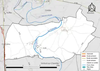 Carte en couleur présentant le réseau hydrographique de la commune