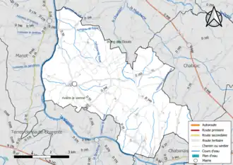 Carte en couleur présentant le réseau hydrographique de la commune