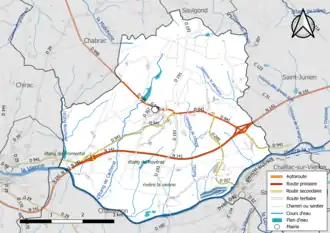 Carte en couleur présentant le réseau hydrographique de la commune