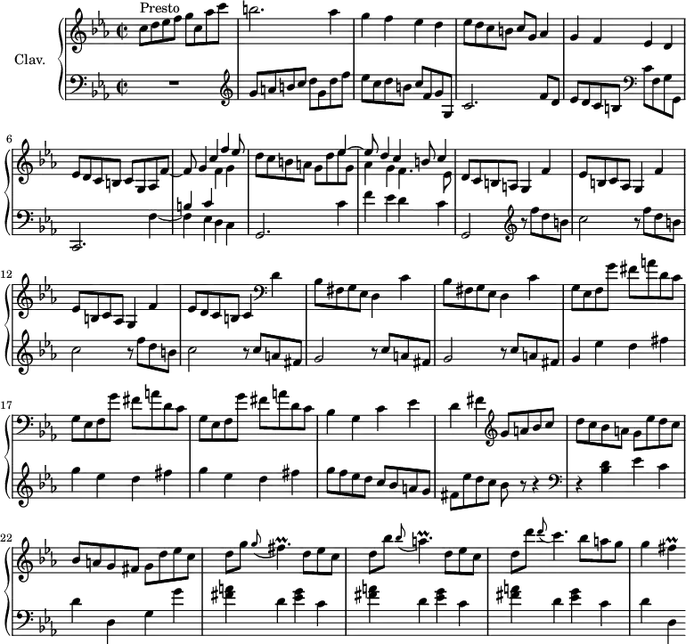 
\version "2.18.2"
\header {
  tagline = ##f
}

% Merci à Christophe pour le bout de code :
#(define-public (bracket-stencils grob)
  (let* ((font (ly:grob-default-font grob))
         (layout (ly:grob-layout grob))
         (props (ly:grob-alist-chain grob (ly:output-def-lookup layout 'text-font-defaults)))
(lp (ly:text-interface::interpret-markup layout props (markup #:fontsize 3.5 #:translate (cons -0.3 -0.5) "[")))
(rp (ly:text-interface::interpret-markup layout props (markup #:fontsize 3.5 #:translate (cons -0.3 -0.5) "]"))))
    (list lp rp)))

bracketify = #(define-music-function (parser loc arg) (ly:music?)
   (_i "Tag @var{arg} to be parenthesized.")
#{
  \once \override ParenthesesItem #'stencils = #bracket-stencils
  \parenthesize $arg
#}
)

%% les petites notes
trillFis      = { \tag #'print { fis4\prall } \tag #'midi { g32 fis g fis~ fis8 } }
trillFisp     = { \tag #'print { \appoggiatura g8 fis4.\prall } \tag #'midi { g32 fis g fis~ fis8~ fis8 } }
trillAp       = { \tag #'print { \appoggiatura bes8 a4.\prall } \tag #'midi { bes32 a bes a~ a8~ a8 } }

upper = \relative c'' {
  \clef treble 
  \key c \minor
  \time 2/2
  \tempo 2 = 86
  \set Staff.midiInstrument = #"harpsichord"
  \override TupletBracket.bracket-visibility = ##f

    s8*0^\markup{Presto}
    c8 d ees f g c, aes' c | b2. aes4 | g f ees d | ees8 d c b c g aes4 |
    % ms. 5
    g4 f ees d  | ees8 d c b c g aes f'~ | f8 << { g4 c f ees8 | s2. ees4~ | ees8 d4 c b8 c4 } \\ { s4. f,4 g | d'8 c b a g d' ees g, | aes4 g f4. ees8 } >> | 
    % ms. 10
    d8 c b a g4  f' | \repeat unfold 2 { ees8 b c aes g4 f' } | 
    % ms. 13
    ees8 d c b c4    \clef bass d4 \repeat unfold 2 { bes8 fis g ees d4 c' } | 
    % ms. 16
    \repeat unfold 3 { g8 ees f g' fis a d, c } bes4 g c ees | d fis    \clef treble  g8 a bes c |
    % ms. 21
    d8 c bes a g ees' d c | bes a g fis g d' ees c | d8 g \trillFisp d8 ees c | d8 bes'  \trillAp d,8 ees c |
    % ms. 25
    d8 d' \appoggiatura  d8 c4. bes8 a g | g4 \trillFis
  %  d8 d' \appoggiatura \bracketify  d8 c4. bes8 a g | g4 \trillFis

}

lower = \relative c' {
  \clef bass
  \key c \minor
  \time 2/2
  \set Staff.midiInstrument = #"harpsichord"

    % **************************************
     R1 |   \clef treble  g'8 a b c d g, d' f | ees c d b c f, g g, | c 2. f8 d |
     % ms. 5
     ees8 d c b   \clef bass c8 f, g g, | c,2. << { s4 b''4 c } \\ { f,4~ | f ees d c } >> g2. c'4 |
     % ms. 9
     f4 ees d c | g,2  \clef treble \repeat unfold 3 { r8 f'''8 d b | c2 }
     % ms. 13 continu
     \repeat unfold 2 { r8 c8 a fis | g2 } r8 c8 a fis | g4 ees' d fis |
     % ms. 17
     \repeat unfold 2 { g4 ees d fis } | g8 f ees d c bes a g | fis ees' d c bes r8 r4   \clef bass
     % ms. 21
     r4 < bes, d >4 ees c | d d, g g' | \repeat unfold 3 { < fis a >4 d4 < ees g > c4 } | d4 d,
     % ms. 25
     

}

thePianoStaff = \new PianoStaff <<
    \set PianoStaff.instrumentName = #"Clav."
    \new Staff = "upper" \upper
    \new Staff = "lower" \lower
  >>

\score {
  \keepWithTag #'print \thePianoStaff
  \layout {
      #(layout-set-staff-size 17)
    \context {
      \Score
     \override SpacingSpanner.common-shortest-duration = #(ly:make-moment 1/2)
      \remove "Metronome_mark_engraver"
    }
  }
}

\score {
  \keepWithTag #'midi \thePianoStaff
  \midi { }
}
