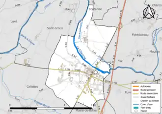 Carte en couleur présentant le réseau hydrographique de la commune