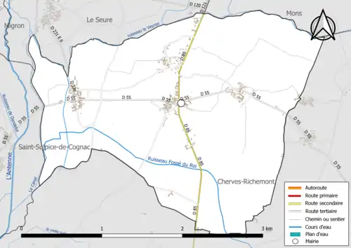 Carte en couleur présentant le réseau hydrographique de la commune