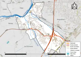 Carte en couleur présentant le réseau hydrographique de la commune