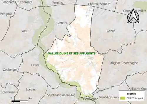 Carte de la ZNIEFF de type 2 sur la commune.