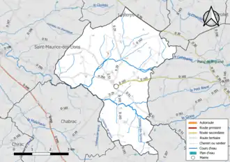 Carte en couleur présentant le réseau hydrographique de la commune