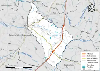 Carte en couleur présentant le réseau hydrographique de la commune