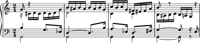 \new PianoStaff <<
\new Staff {\time 2/4 <<\relative c''{g16 r s8 s4 b16 ais b ais b ais b g c b c g fis eis fis a b8 r b,16 a g r} \\ \relative c'{r16 cis d cis d cis d g d2 c4 c b16 ais b c s4}>>}
\new Staff {\clef bass <<\relative c'{b4 g8. es16 d4~ d8. b'16 a8. es16 d8. fis16 g4~ g8 r16 e} \\ \relative c {g2 g g4 g g~ g8 r}>>}
>>
\midi { }