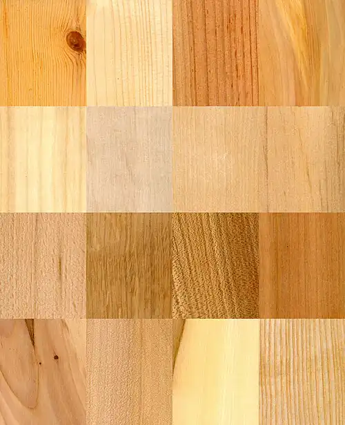 Image formée d'un assemblage de photos disposées en quatre lignes et quatre colonnes, montrant différentes essences de bois.