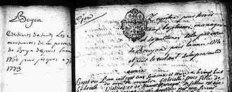 Détail de la planche 53 du registre des baptêmes, mariages et sépultures (1760 à 1792). Cote 5 Mi 22/1, Archives départementales des Alpes-Maritimes.