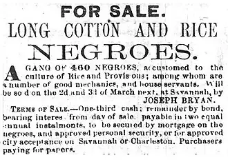 Vente de « 460 Nègres » par J. Bryan, parue dans The Savannah Republican (Géorgie, États-Unis), le 8 février 1859.