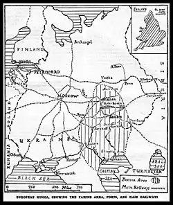 Carte de la zone de la famine de la Russie soviétique en 1921.