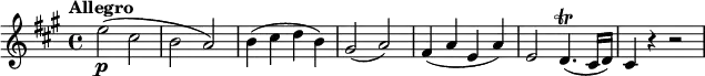 \relative c'' {
\version "2.18.2"
\key a \major
\time 4/4
\tempo "Allegro"
\tempo 4 = 130
e2\p (cis b a)
b4 (cis d b)
gis2 (a)
fis4 (a e a)
e2 d4.\trill (cis16 d)
cis4 r r2
}