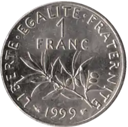 Revers d'une pièce d'1 franc de l'année 1999.