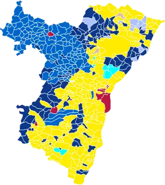 Nuance politique des candidats arrivés en tête dans chaque commune au 1er tour.