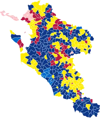 Nuance politique des candidats arrivés en tête dans chaque commune au 1er tour.