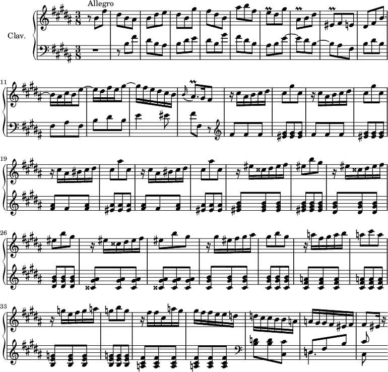 \version "2.18.2"
\header {
tagline = ##f
}
%% les petites notes
trillEq = { \tag #'print { e8\prall } \tag #'midi { fis32 e fis e } }
trillAisqDown = { \tag #'print { ais,8\prall } \tag #'midi { b32 ais b ais } }
trillEqDown = { \tag #'print { eis,8\prall } \tag #'midi { fis32 eis fis eis } }
trillAisqp = { \tag #'print { ais8.\prall } \tag #'midi { b32 ais b ais~ ais16 } }
upper = \relative c'' {
\clef treble
\key b \major
\time 3/8
\tempo 4. = 66
\set Staff.midiInstrument = #"harpsichord"
s8*0^\markup{Allegro}
r8 b8 fis' | dis b ais | b dis e | dis b gis' | fis dis b | ais' b fis | \trillEq dis8 gis |
% ms. 8
\trillAisqDown b8 dis | \trillEqDown fis8 e | dis fis b~ | b16 ais cis b e8~ | e16 dis fis e gis8~ | gis16 fis e dis cis b | \appoggiatura b16 \trillAisqp gis16 \tempo 4. = 40 fis8 | \tempo 4. = 66
% ms. 15
\repeat unfold 2 { r16 cis'16 ais b cis dis | cis8 gis' cis, } | \repeat unfold 2 { r16 cis16 ais bis cis dis | cis8 ais' cis, } |
% ms. 23
\repeat unfold 3 { r16 eis16 cisis dis eis fis | eis8 b' gis } |
% ms. 29
r16 gis16 eis fis gis ais | gis8 b gis | r16 a16 fis gis a b | a8 cis a | r16 g16 e fis g a | g8 b g |
% ms. 35
r16 fis16 fis cis a' gis | gis fis fis e e d | d cis cis b b a | a gis gis fis eis fis | fis8 \tempo 4. = 15 eis16 r16
}
lower = \relative c' {
\clef bass
\key b \major
\time 3/8
\set Staff.midiInstrument = #"harpsichord"
% **************************************
R4. | r8 b8 fis' | dis b ais | b dis e | dis b gis' | fis dis b | ais b e~ |
% ms. 8
e8 dis b~ | b ais fis | b dis b | fis ais fis | b dis b | e4 eis8 | fis8 fis, r8 \clef treble
% ms. 15
\repeat unfold 2 { fis'8 fis fis | < eis gis >8 q q } | \repeat unfold 2 { < fis ais >8 fis < fis ais > | < eis ais >8 q q } |
% ms. 23
< eis gis b >8 q q | q q q | < dis gis b >8 q q | q q q | < cisis gis' ais >8 q q |
% ms. 28
q q q | < cis gis' b > q q | q q q | < cis fis a >8 q q | q q q | < b e g >8 q q | q q q |
% ms. 35
< a cis fis >8 q q | q q q | \clef bass < b d >8 q < cis, cis' > | << { d8 fis b | cis8 } \\ { \mergeDifferentlyDottedOn d,4. | cis8 } >>
}
thePianoStaff = \new PianoStaff <<
\set PianoStaff.instrumentName = #"Clav."
\new Staff = "upper" \upper
\new Staff = "lower" \lower
>>
\score {
\keepWithTag #'print \thePianoStaff
\layout {
#(layout-set-staff-size 17)
\context {
\Score
\override SpacingSpanner.common-shortest-duration = #(ly:make-moment 1/2)
\remove "Metronome_mark_engraver"
}
}
}
\score {
\keepWithTag #'midi \thePianoStaff
\midi { }
}