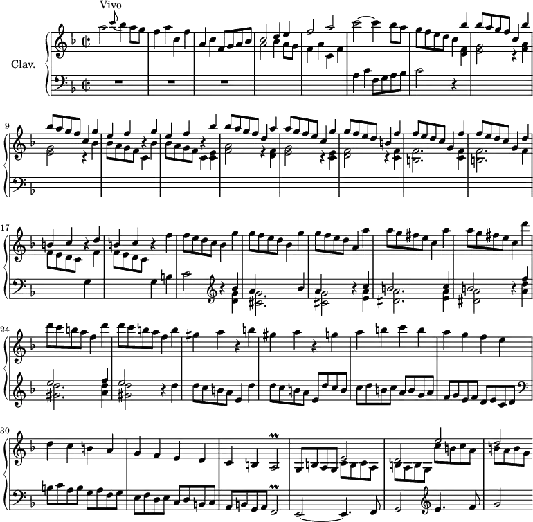 \version "2.18.2"
\header {
tagline = ##f
% composer = "Domenico Scarlatti"
% opus = "K. 195"
% meter = "Vivo"
}
%% les petites notes
trillFb = { \tag #'print { f2\prall } \tag #'midi { g32 f g f~ f8~ f4 } }
trillAb = { \tag #'print { a2\prall } \tag #'midi { b32 a b a~ a8~ a4 } }
upper = \relative c'' {
\clef treble
\key f \major
\time 2/2
\tempo 2 = 102
s8*0^\markup{Vivo}
a'2 \appoggiatura c8 bes4 a8 g | f4 a c, f | a, c f,8 g a bes \stemUp | c2 d4 e | f2 a \stemNeutral |
% ms. 6
c2~ c4 bes8 a | g f e d c4 \stemUp bes' | bes8 a g f c4 bes' | bes8 a g f c4 g' | e f r4 g4 |
% ms. 11
e4 f r4 bes4 | bes8 a g f d4 a' | a8 g f e c4 g' | g8 f e d b4 f' | f8 e d c g4 f' |
% ms. 16
f8 e d c g4 \repeat unfold 2 { d' | b c r4 } \stemNeutral f4 | f8 e d c bes4 g' | g8 f e d bes4 g' |
% ms. 21
g8 f e d a4 a' | a8 g fis e c4 a' | a8 g fis e c4 d' | d8 c b a f4 d' | d8 c b a f4 b |
% ms. 26
gis4 a r4 b | gis a r4 g4 | a b c b | a g f e | d c b a |
% ms. 31
g4 f e d | c b \trillAb | g8 b a g << { e'2 d e' d } \\ { c,8 b c a | b a b g | c' b c a | b a b g } >>
}
lower = \relative c' {
\clef bass
\key f \major
\time 2/2
% ************************************** \appoggiatura a16 \repeat unfold 2 { } \times 2/3 { } \omit TupletNumber
R1*3 \stemDown \change Staff = "upper" | a'2 bes4 a8 g | f4 a c, f \stemNeutral \change Staff = "lower" |
% ms. 6
a, c f,8 g a bes | c2 r4 \stemDown \change Staff = "upper" < d f >4 | < e g >2 r4 < f a >4 | < e g >2 r4 bes'4 | bes8 a g f c4 bes' |
% ms. 11
bes8 a g f c4 < c e > | < f a >2 r4 < d f >4 | < e g >2 r4 < c e >4 | < d f >2 r4 < c f >4 | < b f' >2. < c f >4 |
% ms. 16
< b f' >2. f'4 | f8 e d c \stemNeutral \change Staff = "lower" g4 \stemDown \change Staff = "upper" f' | f8 e d c \stemNeutral \change Staff = "lower" g4 b | c2 \clef treble r4 << { bes'4 a s2 bes4 } \\ { < d, g >4 < cis g' >2. } >>
% ms. 21
<< { a'4 s4 b4\rest c4 | b2 s4 c4 | b2 b4\rest f'4 | e2 s4 f4 | e2 }
\\ { < cis, g' >2 s4 < e a >4 | < dis a' >2. < e a >4 | < dis a' >2 s4 < a' d >4 | < gis d' >2. < a d >4 | < gis d' >2 } >> r4 d'4 |
% ms. 26
d8 c b a e4 d' | d8 c b a e d' c b | c d b c a b g a | f g e f d e c d \clef bass | b c a b g a f g |
% ms. 31
e8 f d e c d b c | a b g a \trillFb | e2~ e4. f8 | g2 \clef treble e''4. f8 | g2
}
thePianoStaff = \new PianoStaff <<
\set PianoStaff.instrumentName = #"Clav."
\new Staff = "upper" \upper
\new Staff = "lower" \lower
>>
\score {
\keepWithTag #'print \thePianoStaff
\layout {
#(layout-set-staff-size 17)
\context {
\Score
\override TupletBracket.bracket-visibility = ##f
\override SpacingSpanner.common-shortest-duration = #(ly:make-moment 1/2)
\remove "Metronome_mark_engraver"
}
}
}
\score {
\keepWithTag #'midi \thePianoStaff
\midi { \set Staff.midiInstrument = #"harpsichord" }
}