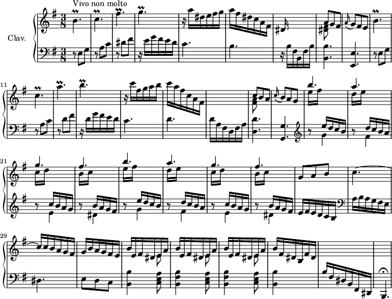 
\version "2.18.2"
\header {
  tagline = ##f
  % composer = "Domenico Scarlatti"
  % opus = "K. 203"
  % meter = "Vivo non molto"
}

%% les petites notes
trillBp     = { \tag #'print { b4.\prall } \tag #'midi { c32 b c b~ b4 } }
trillCp     = { \tag #'print { c4.\prall } \tag #'midi { d32 c d c~ c4 } }
trillFisp   = { \tag #'print { fis4.\prall } \tag #'midi { g32 fis g fis~ fis4 } }
trillGp     = { \tag #'print { g4.\prall } \tag #'midi { a32 g a g~ g4 } }
trillBpUp   = { \tag #'print { b'4.\prall } \tag #'midi { c32 b c b~ b4 } }
trillApUp   = { \tag #'print { a'4.\prall } \tag #'midi { b32 a b a~ a4 } }

upper = \relative c'' {
  \clef treble 
  \key e \minor
  \time 3/8
  \tempo 4. = 82
  \set Staff.midiInstrument = #"harpsichord"
  \override TupletBracket.bracket-visibility = ##f

      s8*0^\markup{Vivo non molto}
      \trillBp \trillCp \trillFisp \trillGp | r16 a16 dis, e fis g | a fis dis c a fis | dis s16 s4 |
      % ms. 8
      << { a'8 g fis } \\ { < dis fis >8 } >> | \appoggiatura a'16 g8 fis e |  \trillBpUp \trillCp \trillApUp \trillBp | r16 c16 fis, g a b | c a fis c a fis |
      % ms. 16
      s4. | << { c'8 b a } \\ { < fis a >8 } >> | \appoggiatura c'16 b8 a g | \repeat unfold 2 { << { b'4. a g fis } \\ { e16 fis s4 | d16 e s4 | c16 d s4 | b16 c s4 } >> }
      % ms. 27
      g8 a b | c4.~ | c16 c b a g fis |
      % ms. 30
      g16 b a g fis e | \repeat unfold 3 { << { b' e, fis dis e a } \\ { s4 e8 } >> } b'16 fis dis b fis' dis | s2.

}

lower = \relative c' {
  \clef bass
  \key e \minor
  \time 3/8
  \set Staff.midiInstrument = #"harpsichord"
  \override TupletBracket.bracket-visibility = ##f

    % ************************************** \appoggiatura a8  \repeat unfold 2 {  } \times 2/3 { }   \omit TupletNumber 
      r8 e,8 g | r8 a c | r8 dis fis | r16 e16 g fis e d | c4. | b | r16 b16 fis b,fis' b |
      % ms. 8
      < b, b' >4. | < e, e' > | r8 e'8 g | r8 a c | r8 d8 fis | r16 d16 g fis e d | c4. | d |
      % ms. 16
      d16 a fis d fis a | < d, d' >4. | < g, g' > |   \clef treble  \repeat unfold 2 { 
      << { b''8\rest e16 d c b | b8\rest d16 c b a | b8\rest c16 b a g | b8\rest b16 a g fis } 
      \\ { s8 g4 | s8 fis4 | s8 e4 | s8 dis4 } >> }
      % ms. 27
      e16 fis e d c b   \clef bass | a16 b a g fis e | dis4. | 
      % ms. 30
      e8 d c | < b b' >4 \repeat unfold 2 { < c e a >8 | < b fis' b >4 } < c e a >8 | < b b' >4 s8 | b'16 fis dis b fis dis |   \tempo 4. = 60 b4.\fermata

}

thePianoStaff = \new PianoStaff <<
    \set PianoStaff.instrumentName = #"Clav."
    \new Staff = "upper" \upper
    \new Staff = "lower" \lower
  >>

\score {
  \keepWithTag #'print \thePianoStaff
  \layout {
      #(layout-set-staff-size 17)
    \context {
      \Score
     \override SpacingSpanner.common-shortest-duration = #(ly:make-moment 1/2)
      \remove "Metronome_mark_engraver"
    }
  }
}

\score {
  \keepWithTag #'midi \thePianoStaff
  \midi { }
}
