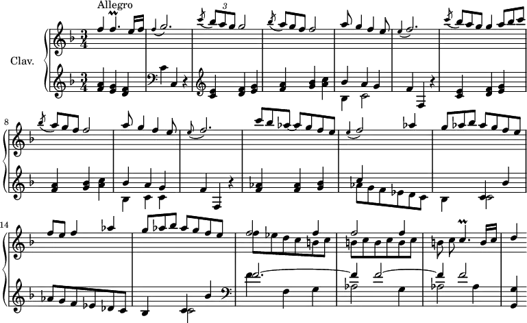 
\version "2.18.2"
\header {
  tagline = ##f
}

%% les petites notes
trillFp     = { \tag #'print { f4.\prall } \tag #'midi { \times 2/3 { g16 f g f g f~ } f8 } }
trillCp     = { \tag #'print { c4.\prall } \tag #'midi { \times 2/3 { d16 c d c d c~ } c8 } }

appoGbp     = { \tag #'print { \appoggiatura f4 g2. } \tag #'midi { f2 g4 } }
appoFbp     = { \tag #'print { \appoggiatura e4 f2. } \tag #'midi { e4 f2 } }
appoFb      = { \tag #'print { \appoggiatura e4 f2 } \tag #'midi { e4 f4 } }
appoFbqp    = { \tag #'print { \appoggiatura e8 f2. } \tag #'midi { e2 f4 } }

upper = \relative c'' {
  \clef treble 
  \key f \major
  \time 3/4
  \tempo 4 = 126
  \set Staff.midiInstrument = #"harpsichord"
  \override TupletBracket.bracket-visibility = ##f

      s8*0^\markup{Allegro}
      \stemUp f4 \trillFp e16 f | \appoGbp | \acciaccatura c8 \times 2/3 { bes8 a g } g2 |   \omit TupletNumber \acciaccatura bes8 \times 2/3 { a8 g f } f2 | a8 g4 f e8 | 
      % ms. 6
      \appoFbp | \acciaccatura c'8 \times 2/3 { bes8 a g } g4 \times 2/3 { a8 bes c } | \acciaccatura bes8 \times 2/3 { a8 g f } f2 | a8 g4 f e8 | \appoFbqp |
      % ms. 11
      \times 2/3 { c'8 bes aes~ } aes 8 g f e | \appoFb aes4 | \times 2/3 { g8 aes bes } aes8 g f e | f e f4 aes | \times 2/3 { g8 aes bes } aes8 g f e |
      % ms. 16
      << { \repeat unfold 2 { f2 f4 } } \\ { f8 ees d c \repeat unfold 5 { b c } } >> \trillCp b16 c | d4
      % ms. 12
      

}

lower = \relative c' {
  \clef bass
  \key f \major
  \time 3/4
  \set Staff.midiInstrument = #"harpsichord"
  \override TupletBracket.bracket-visibility = ##f

    % ************************************** \appoggiatura \repeat unfold 2 {  } \times 2/3 { }
        \clef treble  < f a >4 < e g> < d f > |   \clef bass c4 c, r4 |  \clef treble   < c' e >4 < d f > < e g > | < f a > < g bes > < a c > | << { bes4 a g } \\ { bes,4 c2 } >>
      % ms. 6
      f4 f, r4 < c' e >4 < d f > < e g > | < f a > < g bes > < a c > | | << { bes4 a g } \\ { bes,4 c c } >> | f4  f, r4 | 
      % ms. 11
      < f' aes >4 q < g bes > << { c4 s2 | s4 c,4 bes' | aes8 g f ees des c | bes4 c bes' } \\ { aes8 g f ees d c | bes4 c2 s2. | s4 c2  } >>   \clef bass
      % ms. 16
      << { f2.~ | f4 f2~ f4 | f2 } \\ { f4 f, g | aes2 g4 | aes2 aes4 } >> < g, g' >4
      % ms. 12
      

}

thePianoStaff = \new PianoStaff <<
    \set PianoStaff.instrumentName = #"Clav."
    \new Staff = "upper" \upper
    \new Staff = "lower" \lower
  >>

\score {
  \keepWithTag #'print \thePianoStaff
  \layout {
      #(layout-set-staff-size 17)
    \context {
      \Score
     \override SpacingSpanner.common-shortest-duration = #(ly:make-moment 1/2)
      \remove "Metronome_mark_engraver"
    }
  }
}

\score {
  \keepWithTag #'midi \thePianoStaff
  \midi { }
}
