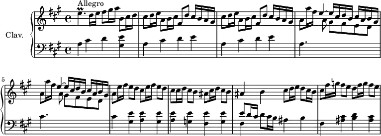 \version "2.18.2"
\header {
tagline = ##f
% composer = "Domenico Scarlatti"
% opus = "K. 301"
% meter = "Allegro"
}
%% les petites notes
trillEp = { \tag #'print { e4.\prall } \tag #'midi { fis32 e fis e fis e~ e16~ e8 } }
upper = \relative c'' {
\clef treble
\key a \major
\time 4/4
\tempo 4 = 100
\set Staff.midiInstrument = #"harpsichord"
\override TupletBracket.bracket-visibility = ##f
s8*0^\markup{Allegro}
\trillEp d16 e fis8 gis16 a b,8 cis16 d | \repeat unfold 2 { cis8 d16 e a,8 b16 cis fis,8 d' cis16 b a gis } |
% ms. 4
\repeat unfold 2 { a8 a'16 fis \stemUp e4^~ e16 cis d b cis a b gis \stemDown } | \stemNeutral a8 \repeat unfold 2 { e'16 fis e8 d cis }
% ms. 7 suite
cis16 d cis8 b ais cis16 d cis8 b | ais4 b cis8 d16 e d8 cis16 b | cis8 fis16 g fis8 e d fis16 g fis8 e |
% ms. 16
% ms. 21
}
lower = \relative c' {
\clef bass
\key a \major
\time 4/4
\set Staff.midiInstrument = #"harpsichord"
\override TupletBracket.bracket-visibility = ##f
% ************************************** \appoggiatura \repeat unfold 2 { } \times 2/3 { }
a4 cis d < gis, e' > | \repeat unfold 2 { a4 cis d e }
% ms. 4
a,4. \stemDown \change Staff = "upper" a'8 gis fis e d \change Staff = "lower" | cis4. \stemDown \change Staff = "upper" a'8 gis fis e d | \stemNeutral \change Staff = "lower" cis4 \repeat unfold 2 { < gis e' > < a e' > }
% ms. 7 suite
< g e' >4 < fis e' > < g e' > | << { e'8 d16 cis } \\ { fis,4 } >> d'8 cis16 b ais4 b | fis4 < ais cis >4 < b d > < ais cis > |
% ms. 10
% ms. 13
}
thePianoStaff = \new PianoStaff <<
\set PianoStaff.instrumentName = #"Clav."
\new Staff = "upper" \upper
\new Staff = "lower" \lower
>>
\score {
\keepWithTag #'print \thePianoStaff
\layout {
#(layout-set-staff-size 17)
\context {
\Score
\override SpacingSpanner.common-shortest-duration = #(ly:make-moment 1/2)
\remove "Metronome_mark_engraver"
}
}
}
\score {
\keepWithTag #'midi \thePianoStaff
\midi { }
}