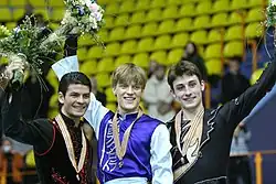 Podium des championnats d'Europe 2008 à Zagreb avec Tomáš Verner et Stéphane Lambiel