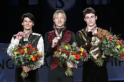 Podium des championnats d'Europe 2010 à Tallinn avec Evgeni Plushenko et Stéphane Lambiel