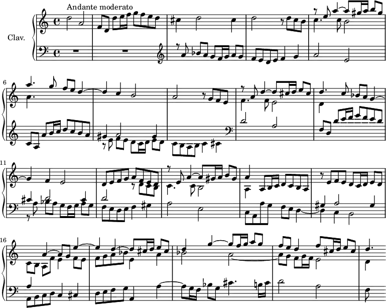 
\version "2.18.2"
\header {
  tagline = ##f
}

dux             = { d2 a | f8 d d' e16 f g8 f e d | cis4 d2 cis4 }
comes           = { a2 e | c8 a a' b16 c d8 c b a | gis4 a2 gis4 }
contraSub       = { r8 a8 bes[ a] g f16 g a8 g | f e d e f4 | g }
contraSubGis    = { r8 a8 bes[ a] g f16 g a8 g | f e d e f4 gis }
contraSubE      = { r8 e8 f[ e] d c16 d e8 d | c b a b c4 cis }

%% les petites notes
trillFqq   = { \tag #'print { f8\prall } \tag #'midi { \times 2/3 { g32 f g } f16 } }

upper = \relative c'' {
  \clef treble 
  \key c \major
  \time 4/4
  \tempo 4 = 92
  \set Staff.midiInstrument = #"harpsichord"

      s8*0^\markup{Andante moderato} \dux | d2 r8 d8 c b |
      % ms. 5
      << { r8 e8 a4~ a8 gis16 a b8 gis | a4. g8 f e d4~ | d c b2 | a  } \\ { c4. c8 b2  | a4.  } >> r8 g8 f e
      % ms. 9
      << { r8 a8 d4~ d8 cis16 d e8 cis | d4. c8 bes a g4~ | g f e2  } \\ { f4. f8 e2  | d4  } >> | d8 e f g << { a8 f e d  } \\ { r8 d8 c b } >>
      % ms. 13
      << { r8 e8 a4~ a8 gis16 a b8 gis | a4  } \\ { c,4. c8 b2  | a4  } >> a8 b16 c d8 c b a | r8 e'8 f e d c16 d e8 d | << { s4 a'4~ a8 g e'4~ | e d~ d8 cis16 d e8 cis | d4 g~ g8 f16 g a8 g | f e d4~ f8 cis16 d e8 cis d4. } \\ { c,8[ b] a f' e4  f8 e | f g a bes e,4 a | bes2 a~ a8 g f g16 f e2 | d4 } >>

}

lower = \relative c'' {
  \clef bass
  \key c \major
  \time 4/4
  \set Staff.midiInstrument = #"harpsichord"

    % **************************************
      R1*2 << { \clef treble  | \contraSub | \comes }  \\ { s1*4 \contraSubE } >> 
      % ms 9
       \clef bass \relative c' << { \dux d2 } \\ { s1 s1 \contraSubGis } >> | 
      % ms. 13
      a2 e | c8 a a' g f e << { s4 gis4 a2 gis4 | a } \\ { d,4~ | d c b2 | a8 b c d } >> c4 cis |
      % ms. 17
      d8 e f g a,4 a'~ | a8 g16 f bes8 g cis4. b16 cis | d2 a | f8

}

thePianoStaff = \new PianoStaff <<
    \set PianoStaff.instrumentName = #"Clav."
    \new Staff = "upper" \upper
    \new Staff = "lower" \lower
  >>

\score {
  \keepWithTag #'print \thePianoStaff
  \layout {
      #(layout-set-staff-size 17)
    \context {
      \Score
     \override SpacingSpanner.common-shortest-duration = #(ly:make-moment 1/2)
      \remove "Metronome_mark_engraver"
    }
  }
}

\score {
  \keepWithTag #'midi \thePianoStaff
  \midi { }
}
