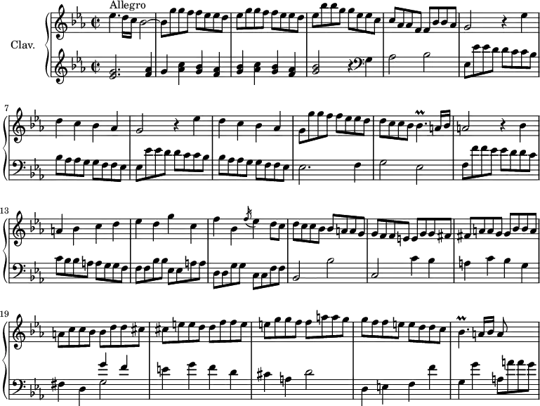 \version "2.18.2"
\header {
tagline = ##f
}
%% les petites notes
%trillBesp = { \tag #'print { bes4.\prall } \tag #'midi { c32 bes c bes c bes~ bes16~ bes8 } }
trillBesp = { \tag #'print { bes4.\prall } \tag #'midi { c16 bes c bes c bes } }
upper = \relative c'' {
\clef treble
\key ees \major
\time 2/2
\tempo 2 = 90
\set Staff.midiInstrument = #"harpsichord"
s8*0^\markup{Allegro}
ees4. d16 c bes2~ | bes8 g' g f f ees ees d | ees g g f f ees ees d | ees bes' bes g g ees ees c |
% ms. 5
c8 aes aes f f bes bes aes | \repeat unfold 2 { g2 r4 ees'4 d c bes aes } |
% ms. 10
g8 g' g f f ees ees d | d c c bes \trillBesp a16 bes | a2 r4 bes4 | a bes c d ees d g c, |
% ms. 15
f4 bes, \acciaccatura f'16 ees4 d8 c | d c c bes bes a a g | g f f e e g g fis | fis a a g g bes bes a | a c c bes bes d d cis |
% ms. 20
cis8 e e d d f f e | e g g f f a a g | g f f e e d d c | \trillBesp a16 bes a8 s8 s4 |
}
lower = \relative c' {
\clef bass
\key ees \major
\time 2/2
\set Staff.midiInstrument = #"harpsichord"
% **************************************
\clef treble < ees g >2. < f aes >4 | g < aes c >4 < g bes > < f aes > | < g bes > < aes c >4 < g bes > < f aes > | < g bes >2 r4 \clef bass g,4
% ms. 5
aes2 bes | \repeat unfold 2 { ees,8 ees' ees d d c c bes | bes aes aes g g f f ees } |
% ms. 10
ees2. f4 | g2 ees | f8 f' f ees ees d d c | c bes bes a a g g f | f f bes bes ees, ees a a |
% ms. 15
d,8 d g g c, c f f | bes,2 bes' | c,2 c'4 bes | a c bes g | fis d << { g'4 f } \\ { g,2 } >> |
% ms. 20
e'4 g f d | cis a d2 | d,4 e f f' | g, g' a,8 a' a g |
}
thePianoStaff = \new PianoStaff <<
\set PianoStaff.instrumentName = #"Clav."
\new Staff = "upper" \upper
\new Staff = "lower" \lower
>>
\score {
\keepWithTag #'print \thePianoStaff
\layout {
#(layout-set-staff-size 17)
\context {
\Score
\override SpacingSpanner.common-shortest-duration = #(ly:make-moment 1/2)
\remove "Metronome_mark_engraver"
}
}
}
\score {
\keepWithTag #'midi \thePianoStaff
\midi { }
}