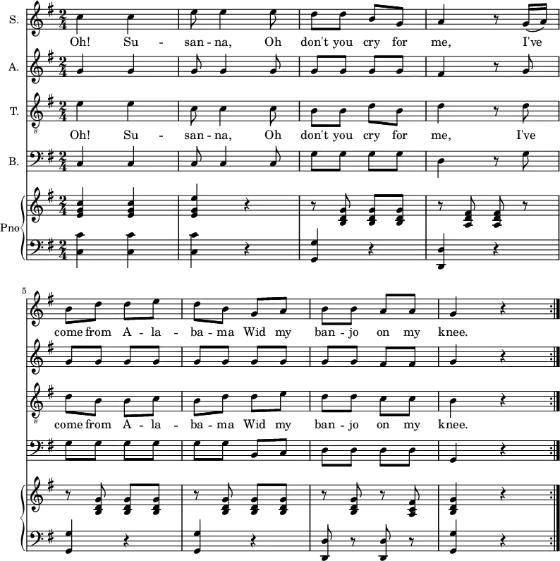 <<
\new Staff \with {
instrumentName = "S."
} {
\relative c'' {
\key g \major
\numericTimeSignature
\time 2/4
\dynamicUp
\repeat volta 2 {
c4 c
e8 e4 e8
d d b g
a4 r8 g16( a)
\break
b8 d d e
d b g a
b b a a g4 r
}
} }
\addlyrics {
\lyricmode {
Oh! Su -- san -- na, Oh don't you cry for me,
I've come from A -- la -- ba -- ma
Wid my ban -- jo on my knee.
} }
\new Staff \with {
instrumentName = "A."
} {
\relative c' {
\key g \major
\numericTimeSignature
\time 2/4
\dynamicUp
\repeat volta 2 {
g'4 g
g8 g4 g8
g g g g
fis4 r8 g
\break
g g g g
g g g g
g g fis fis
g4 r
}
} }
\new Staff \with {
instrumentName = "T."
} {
\clef "treble_8" \relative c' {
\key g \major
\numericTimeSignature
\time 2/4
\dynamicUp
\repeat volta 2 {
e4 e
c8 c4 c8
b b d b
d4 r8 d
\break
d b b c
b d d e
d d c c
b4 r
}
} }
\addlyrics {
\lyricmode {
Oh! Su -- san -- na, Oh don't you cry for me,
I've come from A -- la -- ba -- ma
Wid my ban -- jo on my knee.
} }
\new Staff \with {
instrumentName = "B."
} {
\clef bass \relative c {
\key g \major
\numericTimeSignature
\time 2/4
\dynamicUp
\repeat volta 2 {
c4 c
c8 c4 c8
g' g g g
d4 r8 g
\break
g g g g
g g b, c
d d d d
g,4 r
}
} }
\new PianoStaff \with {
instrumentName = "Pno"
} <<
\new Staff = "right" \with {
midiInstrument = "acoustic grand"
} \relative c'' {
\key g \major
\numericTimeSignature
\time 2/4
\repeat volta 2 {
<e, g c>4 <e g c>
<e g e'> r
r8 <b d g> <b d g> <b d g>
r <a d fis> <a d fis> r
\break
r8 <b d g> <b d g> <b d g>
r <b d g> <b d g> <b d g>
r <b d g> r <a c fis>
<b d g>4 r
}
}
\new Staff = "left" \with {
midiInstrument = "acoustic grand"
} {
\clef bass \relative c' {
\key g \major
\numericTimeSignature
\time 2/4
\repeat volta 2 {
<c, c'>4 <c c'>
<c c'> r
<g g'> r
<d d'> r
\break
<g g'> r
<g g'> r
<d d'>8 r <d d'> r
<g g'>4 r
}
} }
>>
>>