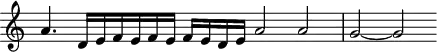 
\header {
  tagline = ##f
}

\score {
  \new Staff \with {
     \remove "Time_signature_engraver"
  }
<<
  \relative c'' {
    \key c \major
    %\clef bass
    \time 4/2
    \override TupletBracket #'bracket-visibility = ##f 

     %%% f° 72v
     a4. d,16[ e f e f e] f e d e  a2 a  g~ g

  }
>>
  \layout {
     \context { \Score \remove "Metronome_mark_engraver" }
  }
  \midi {}
}
