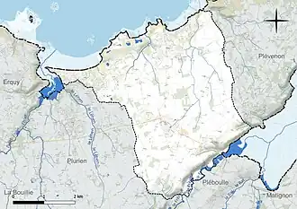 Carte en couleur présentant le réseau hydrographique de la commune