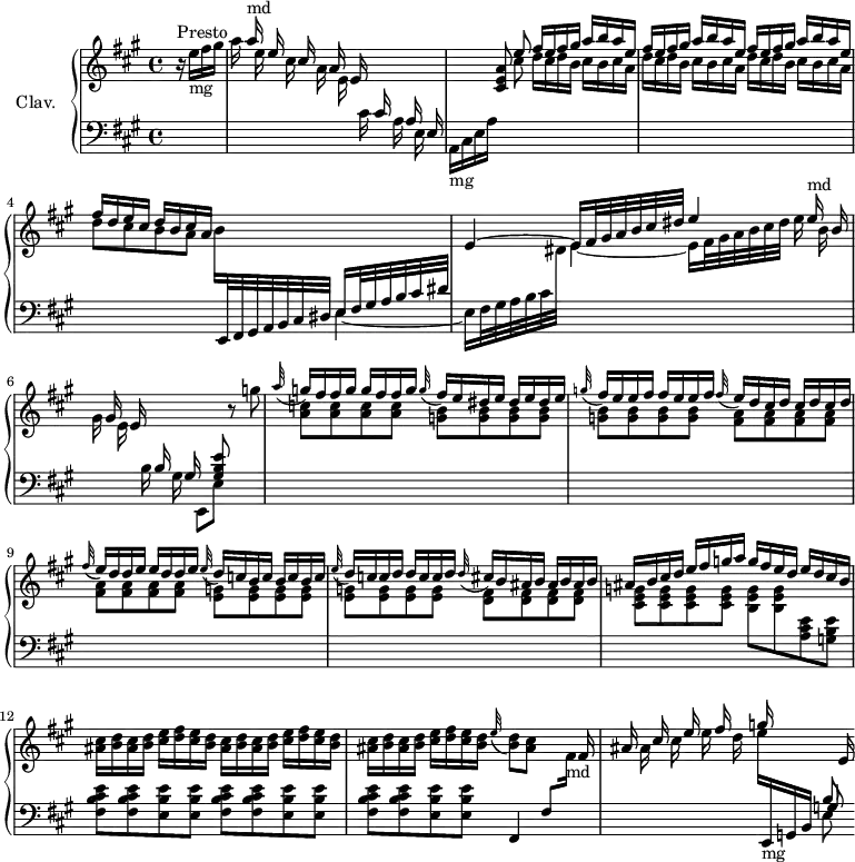 \version "2.18.2"
\header {
tagline = ##f
% composer = "Domenico Scarlatti"
% opus = "K. 24"
% meter = "Presto"
}
%% les petites notes
trillBesp = { \tag #'print { bes4.\prall } \tag #'midi { c32 bes c bes~ bes4 } }
upper = \relative c'' {
\clef treble
\key a \major
\time 4/4
\tempo 4 = 110
\set Staff.midiInstrument = #"harpsichord"
\override TupletBracket.bracket-visibility = ##f
s8*0^\markup{Presto}
\partial 4 \stemUp s4 s16 a'16^\markup{md} s16 e16 s16 cis16 s16 a16 s16 e16 s16 \stemUp \change Staff = "lower" cis16 s16 a16 s16 e16 | \change Staff = "upper" s4 \autoBeamOff < cis' e a >8 \autoBeamOn e' \repeat unfold 3 { fis16 e fis gis a b a e }
% ms. 4
fis16 d e cis d b cis a s4 \stemUp \change Staff = "lower" e,16 fis32 gis a b cis dis \change Staff = "upper" e4^~ e16 fis32 gis a b cis dis | \stemUp
% ms. 5
e4 s16 e16^\markup{md} s16 b16 s16 gis16 s16 e16 s16 \stemUp \change Staff = "lower" b16 s16 gis s8 < gis b e >8 \stemDown \change Staff = "upper" r8 g''8 | \appoggiatura a32 \stemUp g16 fis fis g g fis fis g \appoggiatura g32 fis16 e \repeat unfold 3 { dis16 e }
% ms. 8
\appoggiatura g32 \stemUp fis16 e e fis fis e e fis \appoggiatura fis32 e16 d \repeat unfold 3 { cis16 d } | \appoggiatura fis32 e16 d d e e d d e \appoggiatura e32 d16 c \repeat unfold 3 { b16 c } | \appoggiatura e32 \stemUp d16 c c d d c c d \appoggiatura d32 cis16 b \repeat unfold 3 { ais16 b } |
% ms. 11
ais16 b cis d e fis g a g fis e d e d cis b | \stemNeutral \repeat unfold 3 { \repeat unfold 2 {< ais cis >16 < b d > } < cis e >16 < d fis > < cis e > < b d > } \appoggiatura e32 < b d >8 < ais cis > s8 s16 \stemUp fis16 |
% ms. 14
ais16 s16 cis16 s16 e16 s16 fis16 s16 g16 s16 s8 \stemUp \change Staff = "lower" b,,8 \change Staff = "upper" e16
}
lower = \relative c' {
\clef bass
\key a \major
\time 4/4
\set Staff.midiInstrument = #"harpsichord"
\override TupletBracket.bracket-visibility = ##f
% ************************************** \appoggiatura \repeat unfold 2 { } \times 2/3 { }
\stemDown \change Staff = "upper" r16 e'16-\markup{mg} fis gis | \autoBeamOff a16 s16 e s16 cis s16 a s16 e s16 \change Staff = "lower" cis s16 a s16 e s16 | \autoBeamOn a,-\markup{mg} cis e a | s8 \stemDown \change Staff = "upper" cis'8 \repeat unfold 3 { d16 cis d b cis b cis a }
% ms. 4
d8 cis b a b16 \stemUp \change Staff = "lower" \omit TupletNumber \times 6/7 { e,,,32 fis gis a b cis dis } \stemDown e4_~ e16 fis32 gis a b cis \stemDown \change Staff = "upper" dis e4_~
% ms. 5
e16 fis32 gis a b cis dis e16 s16 b s16 gis s16 e s16 \change Staff = "lower" b s16 gis s16 e,8 e' s4 | \stemDown \change Staff = "upper" < a' c >8 q q q \repeat unfold 8 { < g b >8 } |
% ms. 8 suite
\repeat unfold 8 { < fis a >8 } | \repeat unfold 8 { < e g >8 } \repeat unfold 4 { < d fis >8 }
% ms. 11
\repeat unfold 4 { < cis e g >8 } < b e g >8 q \change Staff = "lower" < a cis e >8 < g b e > | \repeat unfold 3 { < fis b cis e >8-\tweak stencil ##f \p q < e b' e > q } | \stemUp fis,4 fis'8 \stemDown \change Staff = "upper" fis'16-\markup{md}-\tweak stencil ##f \mf | s8
% ms. 14
ais16 s16 cis16 s16 e16 s16 d e16 \stemUp \change Staff = "lower" e,,,16-\markup{mg} g b << { \shiftOn g'8 } \\ { e8 } >>
}
thePianoStaff = \new PianoStaff <<
\set PianoStaff.instrumentName = #"Clav."
\new Staff = "upper" \upper
\new Staff = "lower" \lower
>>
\score {
\keepWithTag #'print \thePianoStaff
\layout {
#(layout-set-staff-size 17)
\context {
\Score
\override SpacingSpanner.common-shortest-duration = #(ly:make-moment 1/2)
\remove "Metronome_mark_engraver"
}
}
}
\score {
\keepWithTag #'midi \thePianoStaff
\midi { }
}
