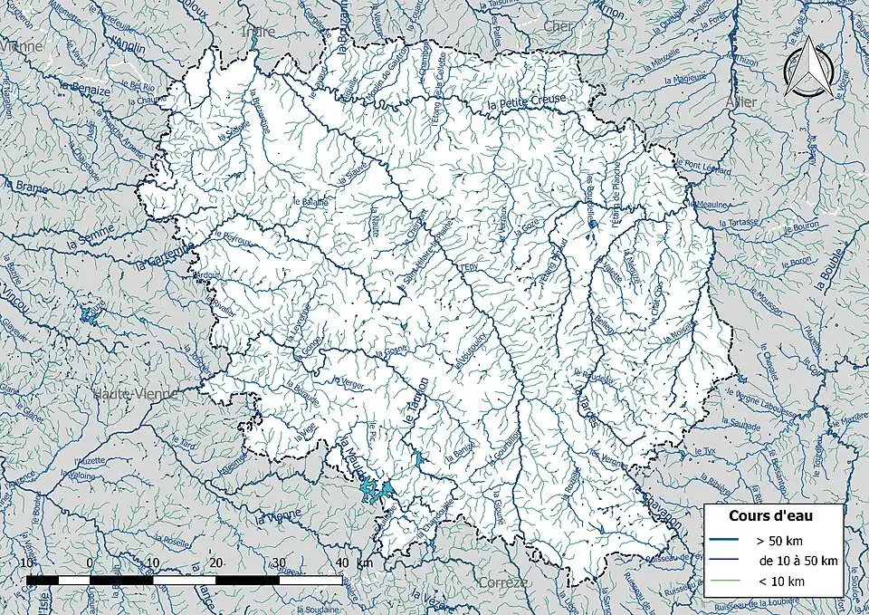 Carte de l'ensemble du réseau hydrographique de la Creuse.