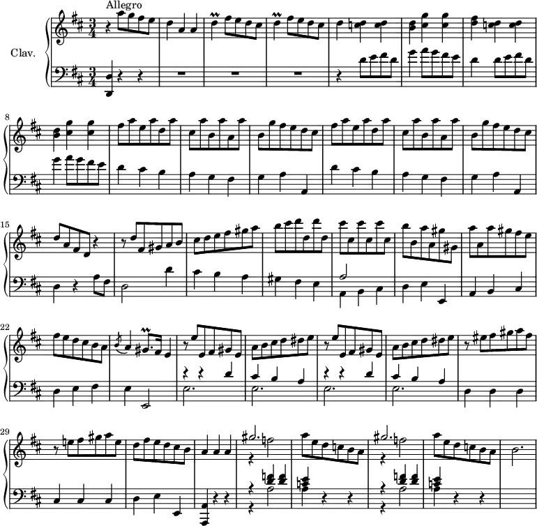 
\version "2.18.2"
\header {
  tagline = ##f
  % composer = "Domenico Scarlatti"
  % opus = "K. 512"
  % meter = "Allegro"
}

%% les petites notes
trillGisqp     = { \tag #'print { gis8.\prall } \tag #'midi { \times 2/3 { a16 gis a } gis } }
trillD         = { \tag #'print { d4\prall } \tag #'midi { \times 2/3 { e16 d e } d8 } }

upper = \relative c'' {
  \clef treble 
  \key d \major
  \time 3/4
  \tempo 4 = 172

      s8*0^\markup{Allegro}
      r4 a'8 g fis e | d4 a a | \repeat unfold 2 { \trillD fis8 e d cis }
      % ms. 5
      d4 < c d > q | < b d > < cis g' > q | < d fis > < c d > q | < b d > < cis g' > q | \repeat unfold 2 { fis8 a e a d, a' |
      % ms. 10
      cis,8 a' b, a' a, a' | b, g' fis e d cis } | 
      % ms. 15
      d8 a fis d r4 | r8 d'8 fis, gis a b | cis d e fis gis a | b cis \repeat unfold 2 { d d, } | \repeat unfold 3 { cis' cis, }
      % ms. 20
      b'8 b, a' a, gis' gis, | a' a, a' gis fis e | fis e d cis b a | \acciaccatura b8 a4 \trillGisqp fis16 e4 | \repeat unfold 2 { r8 e'8 e, fis gis e |
      % ms. 25/26…
      a8 b cis d dis e } | r8 eis fis gis a fis | r8 e! fis gis a e 
      % ms. 30
      d8 fis e d cis b | a4 a a | \repeat unfold 2 { << { gis'2. } \\ { r4 f2 } >> a8 e d c b a } | b2.

}

lower = \relative c' {
  \clef bass
  \key d \major
  \time 3/4

    % ************************************** \appoggiatura a16  \repeat unfold 2 {  } \times 2/3 { }   \omit TupletNumber 
      < d,, d' >4 r4 r4 | R2.*3
      % ms. 5
      r4  \repeat unfold 2 { d''8 e fis d | g4 a8 g fis e | d4 } cis4 b
      % ms. 10
      a4 g fis | g a a, | d' cis b | a4 g fis | g a a, |
      % ms. 15
      d4 r4 a'8 fis | d2 d'4 | cis b a | gis fis e | << { a2 } \\ { a,4 b cis } >>
      % ms. 20
      d4 e e, | a b cis | d e fis | e e,2 |
      \repeat unfold 2 { << { r4 r4 d''4 | cis b a } \\ { e2. e2. } >> }
      % ms. 28
      d4 d d | cis cis cis
      % ms. 30
      d4 e e, < a, a' > r4 r4 | \repeat unfold 2 { << { r4 < d'' f >4 q | < c e > } \\ { r4 a2 | a4 } >> r4 r4 } | s2.

}

thePianoStaff = \new PianoStaff <<
    \set PianoStaff.instrumentName = #"Clav."
    \new Staff = "upper" \upper
    \new Staff = "lower" \lower
  >>

\score {
  \keepWithTag #'print \thePianoStaff
  \layout {
      #(layout-set-staff-size 17)
    \context {
      \Score
     \override TupletBracket.bracket-visibility = ##f
     \override SpacingSpanner.common-shortest-duration = #(ly:make-moment 1/2)
      \remove "Metronome_mark_engraver"
    }
  }
}

\score {
  \keepWithTag #'midi \thePianoStaff
  \midi { \set Staff.midiInstrument = #"harpsichord" }
}

