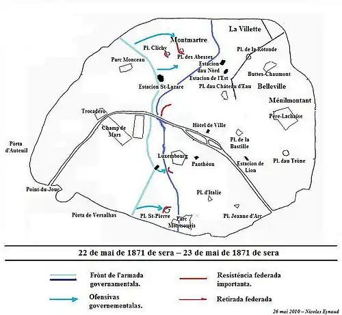 Carte montrant l'avancement des troupes versaillaises dans Paris.