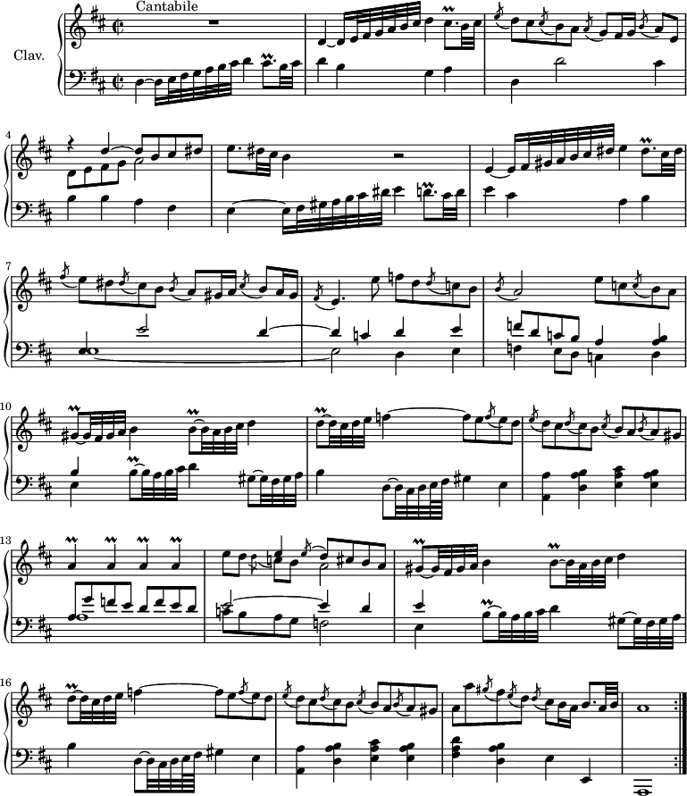 
\version "2.18.2"
\header {
  tagline = ##f
  % composer = "Domenico Scarlatti"
  % opus = "K. 534"
  % meter = "Cantabile"
}

%% les petites notes
trillCisqp     = { \tag #'print { cis8.\prall } \tag #'midi { d32 cis d cis~ cis16 } }
trillDisqp     = { \tag #'print { dis8.\prall } \tag #'midi { e32 dis e dis~ dis16 } }
trillGisqp     = { \tag #'print { gis8\prall~ } \tag #'midi { a32 gis a gis~ } }
trillBqp       = { \tag #'print { b8\prall~ } \tag #'midi { cis32 b cis b~ } }
trillBqpUp     = { \tag #'print { b'8\prall~ } \tag #'midi { cis32 b cis b~ } }
trillDqp       = { \tag #'print { d8\prall~ } \tag #'midi { e32 d e d~ } }
trillDqpp      = { \tag #'print { d8.\prall } \tag #'midi { e32 d e d~ d16 } }
trillA         = { \tag #'print { a4\prall } \tag #'midi { b32 a b a~ a8 } }

upper = \relative c'' {
  \clef treble 
  \key d \major
  \time 2/2
  \tempo 2 = 52
  \set Staff.midiInstrument = #"harpsichord"
  \override TupletBracket.bracket-visibility = ##f

  \repeat volta 2 {
      s8*0^\markup{Cantabile}
      R1 | d,4~ d16 e32 fis g a b cis d4 \trillCisqp b32 cis | \acciaccatura e8 d8 cis \acciaccatura cis8 b8 a \acciaccatura a8 g8 fis16 g \acciaccatura b8 a[ e] |
      % ms. 4
      << { r4 d'4~ d8 b cis dis } \\ { d,8 e fis g | a2 } >> | e'8. dis32 cis b4 r2 | e,4~ e16 fis32 gis a b cis dis e4 \trillDisqp cis32 dis |
      % ms. 7
      \acciaccatura fis8 e8 dis \acciaccatura dis8 cis8 b \acciaccatura b8 a8 gis16 a \acciaccatura cis8 b8[ a16 gis] | \acciaccatura fis8 e4. e'8 f d \acciaccatura d8 c8 b | \acciaccatura  b8 a2 e'8 c \acciaccatura c8 b8 a |
      % ms. 10
      \trillGisqp gis32 fis gis a b4 \trillBqp b32 a b cis d4 | \trillDqp d32 cis32 d e f4~ f8 e \acciaccatura f8 e8 d | \acciaccatura e8 d8 cis \acciaccatura d8 cis8 b \acciaccatura cis8 b8 a \acciaccatura b8 a8 gis |
      % ms. 13
      \repeat unfold 4 { \trillA } | e'8 d << { e4 \acciaccatura e8 d8 cis b a } \\ { \acciaccatura d8 c8 b \stemDown a2 } >> | \trillGisqp gis32 fis gis a b4 \trillBqp b32 a b cis d4 | 
      % ms. 16
      \trillDqp d32 cis32 d e f4~ f8 e \acciaccatura f8 e8 d | \acciaccatura e8 d8 cis \acciaccatura d8 cis8 b \acciaccatura cis8 b8 a \acciaccatura b8 a8 gis | a8 a' \acciaccatura gis8 fis8 \acciaccatura e8 d8 \acciaccatura d8 cis8 b16 a b8. a32 b | a1 }%repet

}

lower = \relative c' {
  \clef bass
  \key d \major
  \time 2/2
  \set Staff.midiInstrument = #"harpsichord"
  \override TupletBracket.bracket-visibility = ##f

  \repeat volta 2 {
    % ************************************** \appoggiatura a16  \repeat unfold 2 {  } \times 2/3 { }   \omit TupletNumber 
      d,4~ d16 e32 fis g a b cis d4 \trillCisqp b32 cis | d4 b g a | d, d'2 cis4 |
      % ms. 4
      b4 b a fis | e4~ e16 fis32 gis a b cis dis e4 \trillDqpp cis32 d | e4 cis a b |
      % ms. 7
      << { e,4 e'2 d4~ | d c d e | f8 d c b a4 < a b > | b } \\ { e,1~ | e2 d4 e | f e8 d c4 d | e } >>
      % ms. 10 suite
      \trillBqpUp b32 a b cis d4 gis,8~ gis32 fis gis a | b4 d,8~ d32 cis d e64 fis gis4 e | < a, a' > < d a' b > < e a cis > < e a b > |
      % ms. 13
      << { a8 g' f e d f e d | e2~ e4 d | e } \\ { a,1 | c8 b a g f2 | e4 } >> | \trillBqpUp b32 a b cis d4 gis,8~ gis32 fis gis a | b4 d,8~ d32 cis d e64 fis gis4 e | < a, a' > < d a' b > < e a cis > < e a b > |
      % ms. 18
      < fis a d >4 < d a' b >  e e, | a,1 }%repet

}

thePianoStaff = \new PianoStaff <<
    \set PianoStaff.instrumentName = #"Clav."
    \new Staff = "upper" \upper
    \new Staff = "lower" \lower
  >>

\score {
  \keepWithTag #'print \thePianoStaff
  \layout {
      #(layout-set-staff-size 17)
    \context {
      \Score
     \override SpacingSpanner.common-shortest-duration = #(ly:make-moment 1/2)
      \remove "Metronome_mark_engraver"
    }
  }
}

\score {
%   \unfoldRepeats
  \keepWithTag #'midi \thePianoStaff
  \midi { }
}
