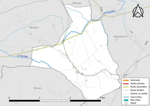 Carte en couleur présentant le réseau hydrographique de la commune