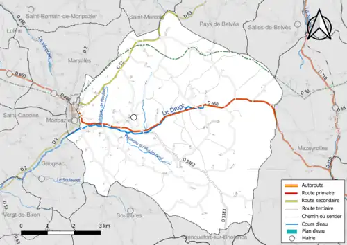 Carte en couleur présentant le réseau hydrographique de la commune