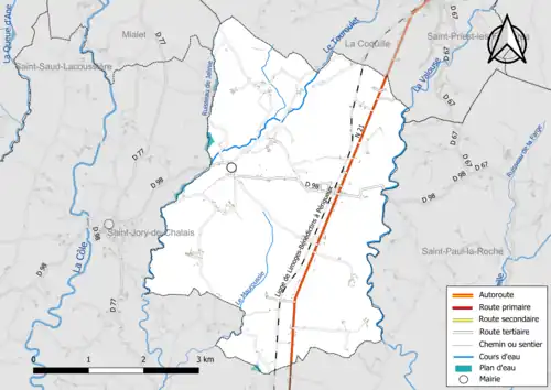 Carte en couleur présentant le réseau hydrographique de la commune